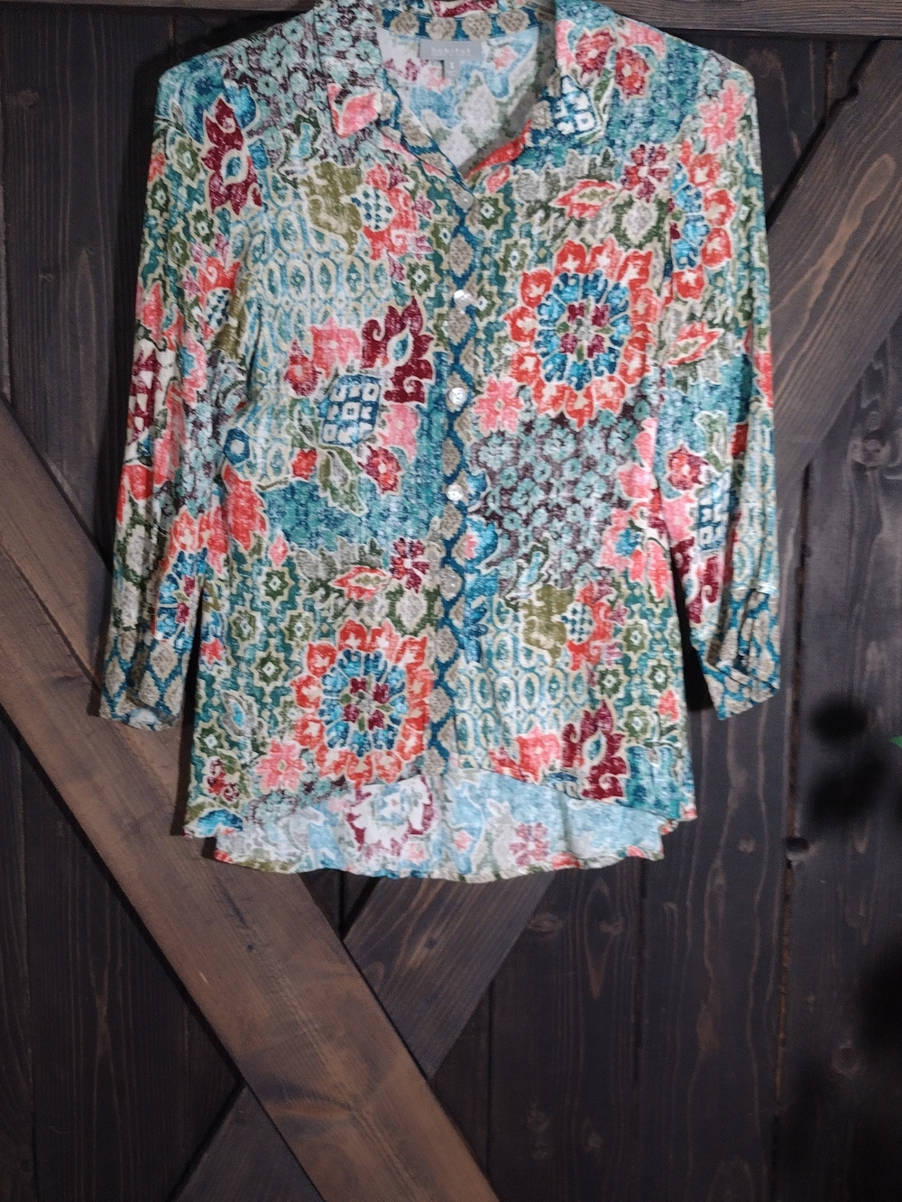 Habitat Floral Button-Front Women's Top in Teal and Coral Size Small